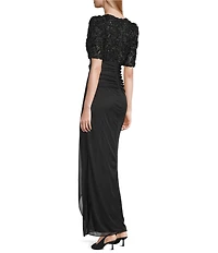 Alex Evenings Petite Size Lace Soutache Bodice V-Neck Short Sleeve Cascade Ruffle Empire Waist Dress