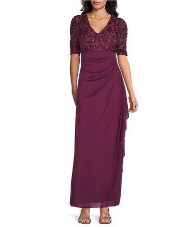Alex Evenings Petite Size Lace Soutache Bodice V-Neck Short Sleeve Cascade Ruffle Empire Waist Dress