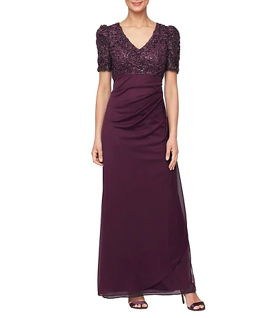 Alex Evenings Petite Size Lace Soutache Bodice V-Neck Short Sleeve Cascade Ruffle Empire Waist Dress