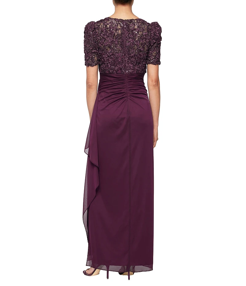 Alex Evenings Petite Size Lace Soutache Bodice V-Neck Short Sleeve Cascade Ruffle Empire Waist Dress