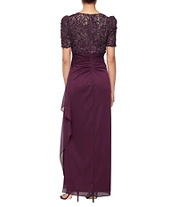 Alex Evenings Petite Size Lace Soutache Bodice V-Neck Short Sleeve Cascade Ruffle Empire Waist Dress