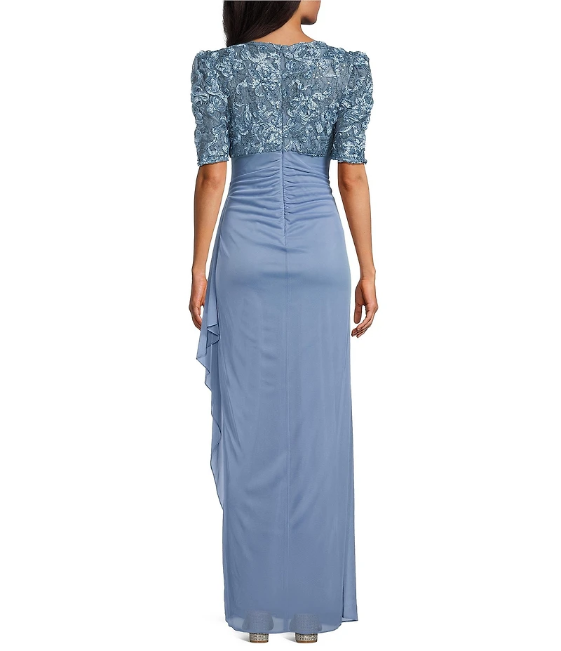 Alex Evenings Petite Size Lace Soutache Bodice V-Neck Short Sleeve Cascade Ruffle Empire Waist Dress