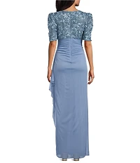 Alex Evenings Petite Size Lace Soutache Bodice V-Neck Short Sleeve Cascade Ruffle Empire Waist Dress