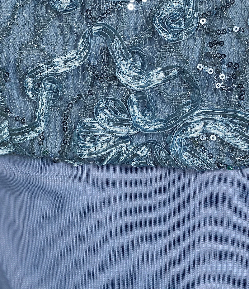 Alex Evenings Petite Size Lace Soutache Bodice V-Neck Short Sleeve Cascade Ruffle Empire Waist Dress