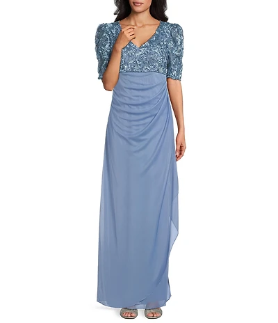 Alex Evenings Petite Size Lace Soutache Bodice V-Neck Short Sleeve Cascade Ruffle Empire Waist Dress