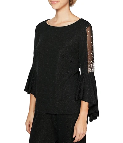 Alex Evenings Petite Size Metallic Knit 3/4 Cascade Beaded Bell Sleeve Blouse