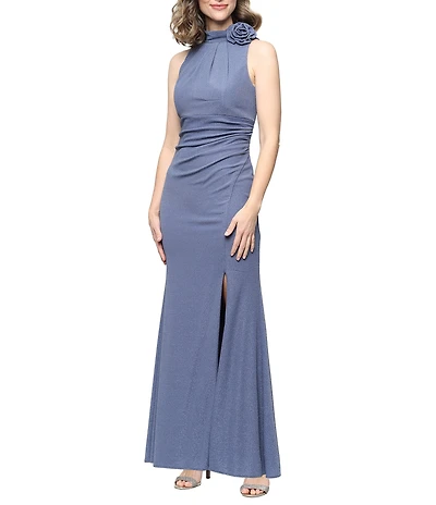 Alex Evenings Petite Size Metallic Knit Halter Neck Long Dress