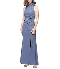 Alex Evenings Petite Size Metallic Knit Halter Neck Long Dress