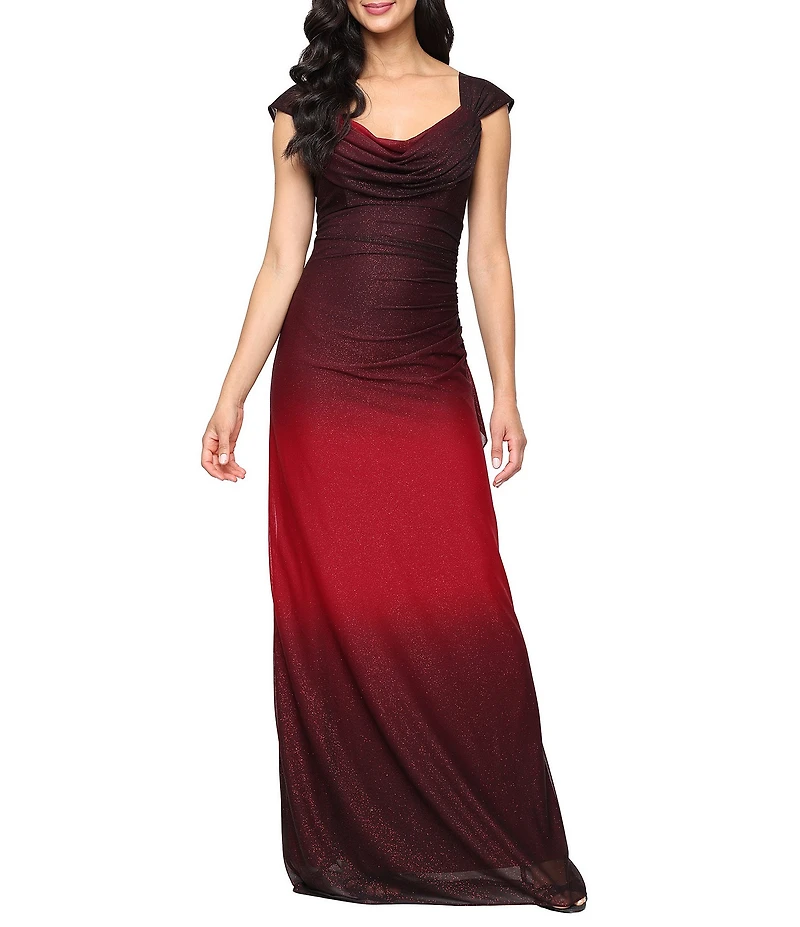 Alex Evenings Petite Size Ombre Glitter Mesh Cowl Neck Cap Sleeve Gown
