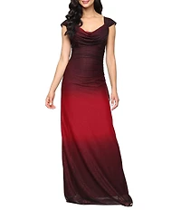 Alex Evenings Petite Size Ombre Glitter Mesh Cowl Neck Cap Sleeve Gown