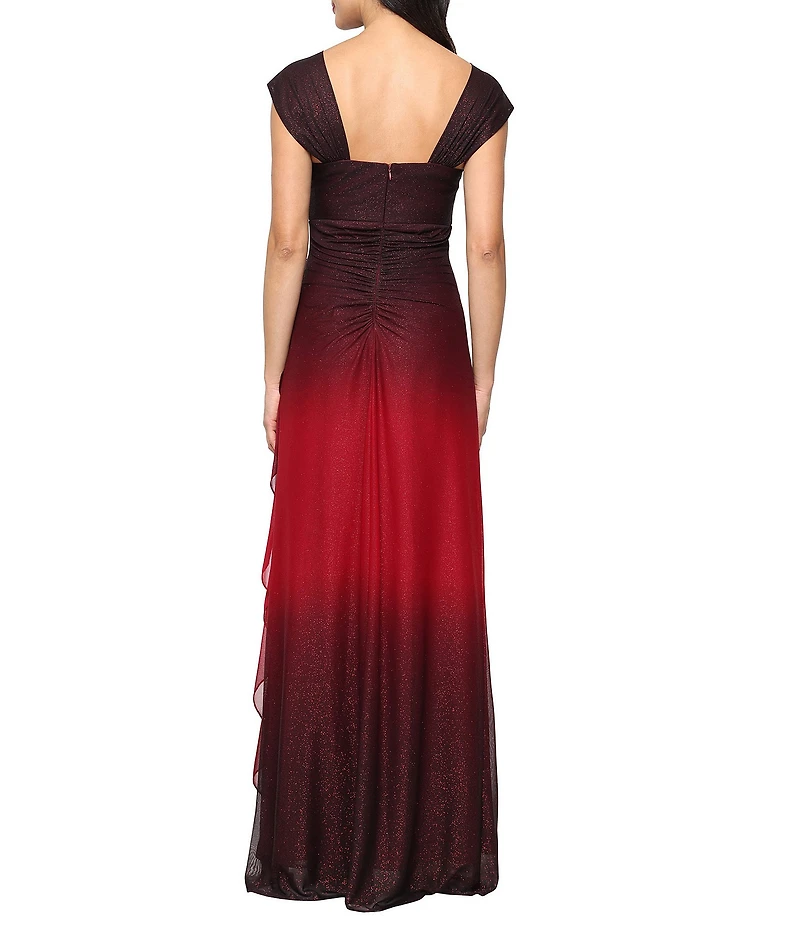 Alex Evenings Petite Size Ombre Glitter Mesh Cowl Neck Cap Sleeve Gown