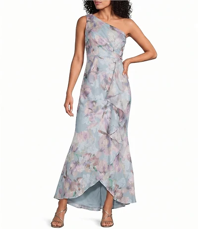 Alex Evenings Petite Size One Shoulder Floral Print Chiffon Long Dress