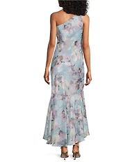 Alex Evenings Petite Size One Shoulder Floral Print Chiffon Long Dress