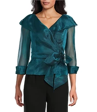 Alex Evenings Petite Size Portrait Collar Tie Waist3/4 Sleeve Organza Blouse