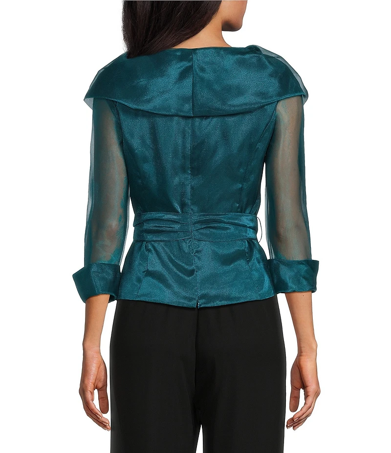 Alex Evenings Petite Size Portrait Collar Tie Waist3/4 Sleeve Organza Blouse