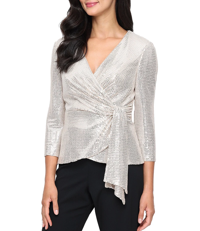 Alex Evenings Petite Size Sequin Surplice Neck 3/4 Sleeve Tie Waist Blouse Top