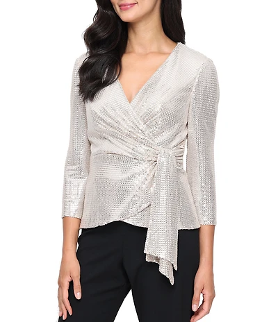 Alex Evenings Petite Size Sequin Surplice Neck 3/4 Sleeve Tie Waist Blouse Top