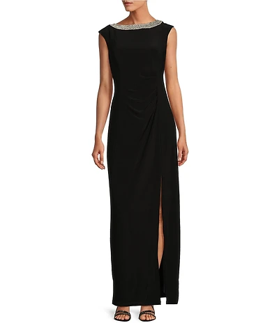 Alex Evenings Petite Size Sleeveless Embellished Crew Neck Front Slit Gown
