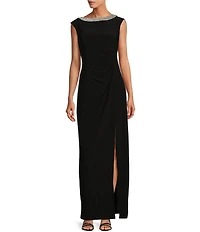 Alex Evenings Petite Size Sleeveless Embellished Crew Neck Front Slit Gown