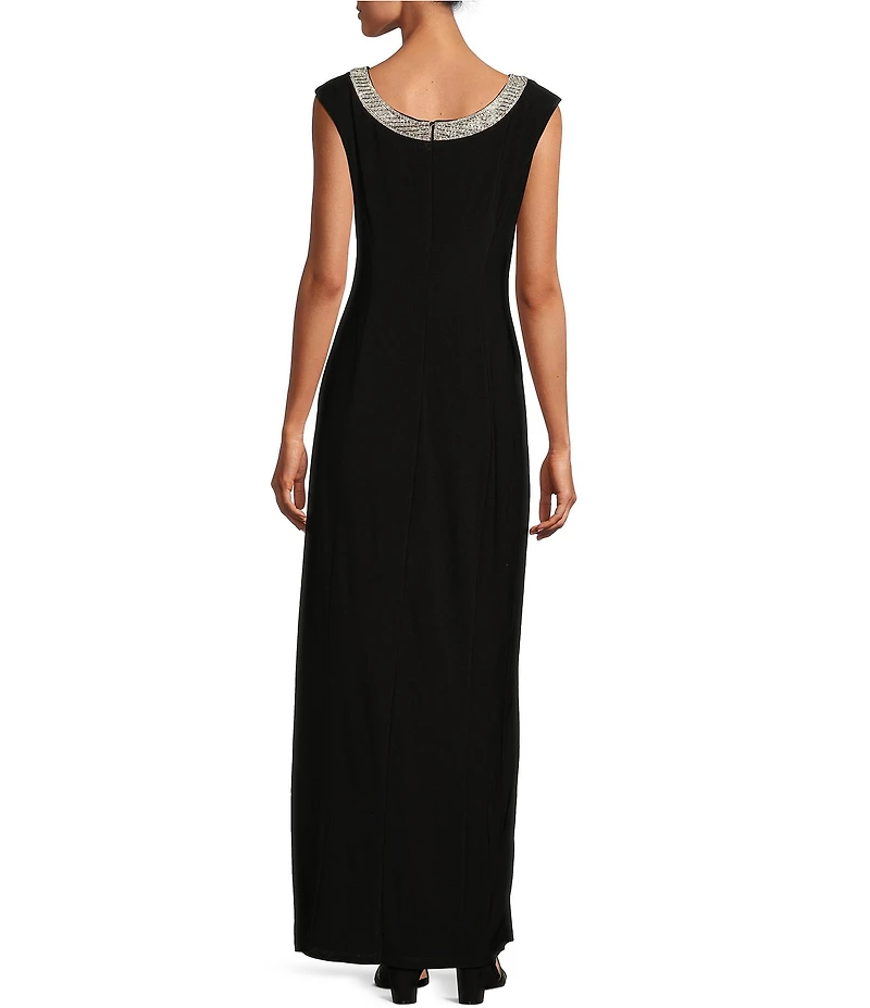 Alex Evenings Petite Size Sleeveless Embellished Crew Neck Front Slit Gown