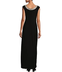 Alex Evenings Petite Size Sleeveless Embellished Crew Neck Front Slit Gown