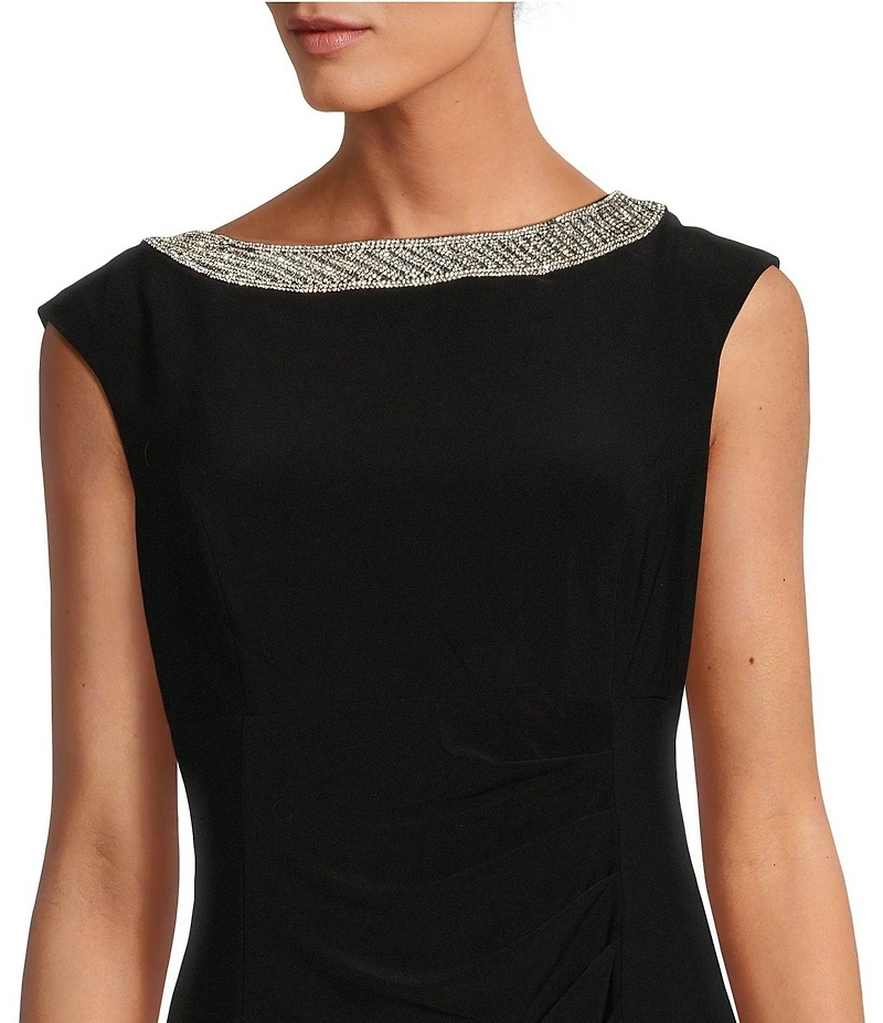 Alex Evenings Petite Size Sleeveless Embellished Crew Neck Front Slit Gown