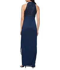 Alex Evenings Petite Size Sleeveless Halter Neck Faux Wrap Mesh Ruffle Lace Gown