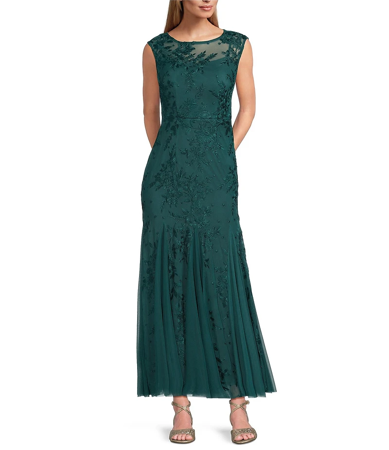 Alex Evenings Petite Size Cap Sleeves Illusion Boat Neck Godet Skirt Floral Embroidered Tulle Gown