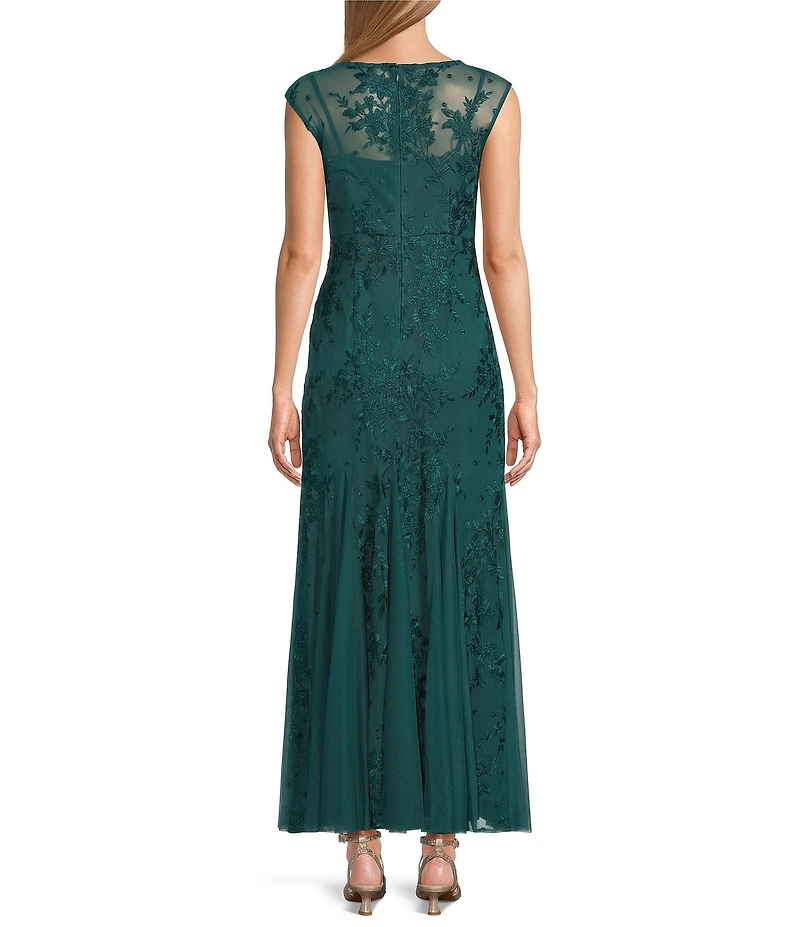 Alex Evenings Petite Size Cap Sleeves Illusion Boat Neck Godet Skirt Floral Embroidered Tulle Gown