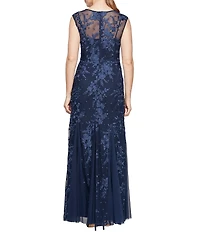 Alex Evenings Petite Size Cap Sleeves Illusion Boat Neck Godet Skirt Floral Embroidered Tulle Gown