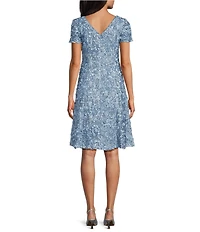 Alex Evenings Petite Size Soutache Lace Boat Neck Short Sleeve A-Line Midi Gown