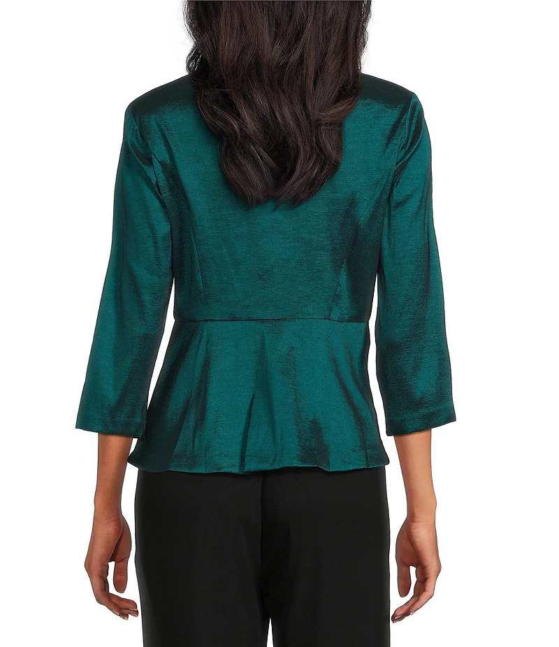 Alex Evenings Petite Size Stretch Taffeta Ruffle Surplice Neck 3/4 Sleeve Peplum Blouse