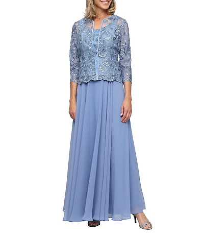 Alex Evenings Petite Size Stretch Tulle Embroidered Long Jacket Dress