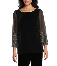Alex Evenings Petite Size Stretch Velvet 3/4 Sleeve Heat Set Blouse