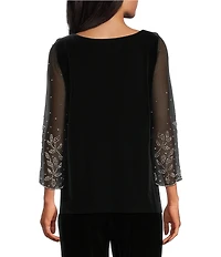 Alex Evenings Petite Size Stretch Velvet 3/4 Sleeve Heat Set Blouse