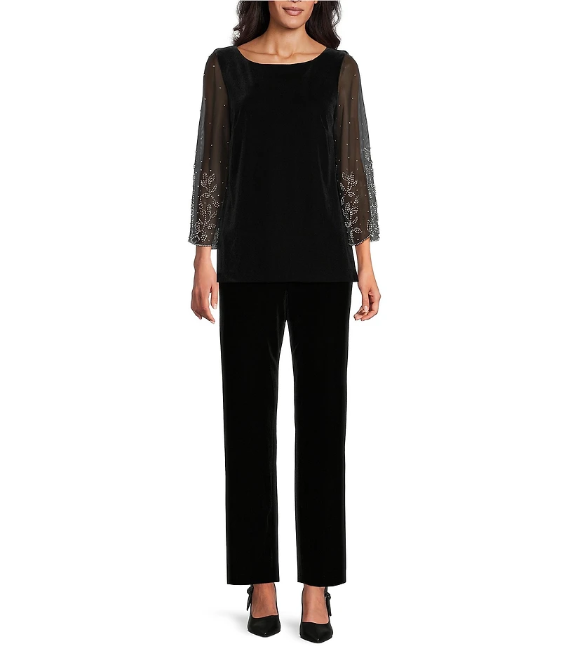 Alex Evenings Petite Size Stretch Velvet 3/4 Sleeve Heat Set Blouse