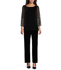 Alex Evenings Petite Size Stretch Velvet 3/4 Sleeve Heat Set Blouse