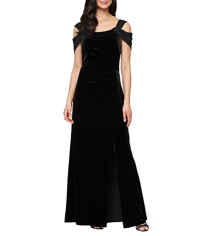 Alex Evenings Petite Size Stretch Velvet Cowl Neck Cold Shoulder Front Slit Gown