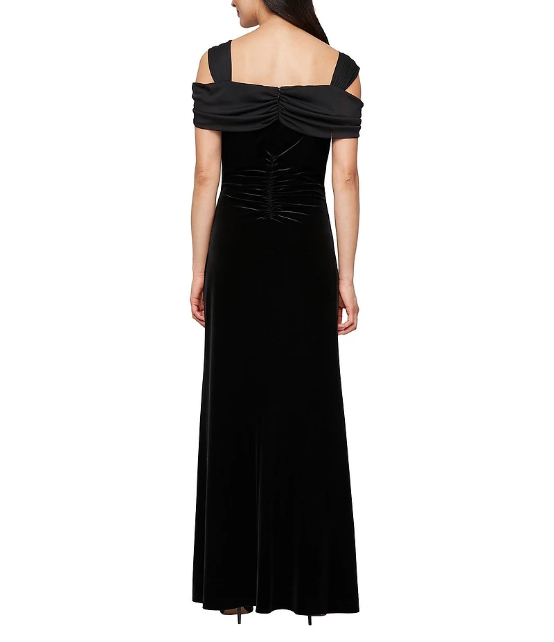 Alex Evenings Petite Size Stretch Velvet Cowl Neck Cold Shoulder Front Slit Gown