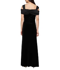 Alex Evenings Petite Size Stretch Velvet Cowl Neck Cold Shoulder Front Slit Gown