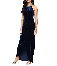 Alex Evenings Petite Size Stretch Velvet Embellished Halter Neckline Sleeveless Tulip Overlay Gown