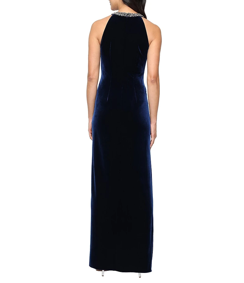 Alex Evenings Petite Size Stretch Velvet Embellished Halter Neckline Sleeveless Tulip Overlay Gown