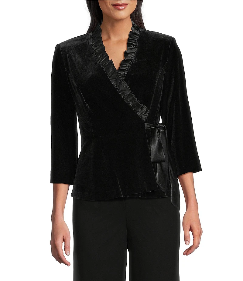 Alex Evenings Petite Size Stretch Velvet Satin Ruffle Neckline 3/4 Sleeve Blouse