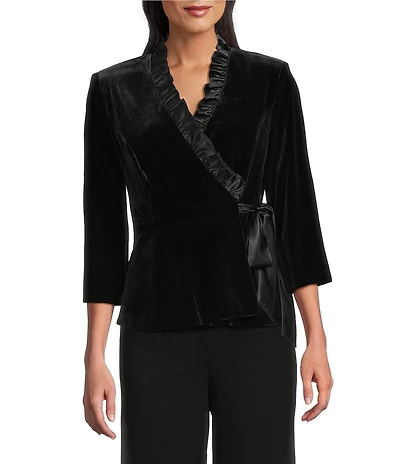 Alex Evenings Petite Size Stretch Velvet Satin Ruffle Neckline 3/4 Sleeve Blouse