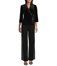 Alex Evenings Petite Size Stretch Velvet Satin Ruffle Neckline 3/4 Sleeve Blouse