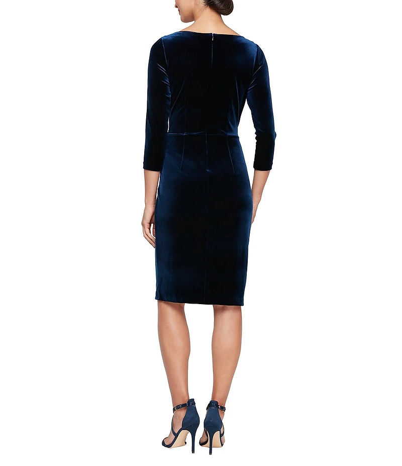 Alex Evenings Petite Size Stretch Velvet Surplice V-Neck 3/4 Sleeve Embellished Ruffle Cascade Ruched Sheath Dress