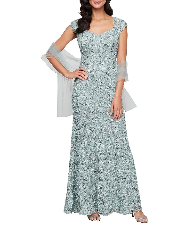 Alex Evenings Petite Size Sweetheart Neck Lace Shawl Soutache Long Gown