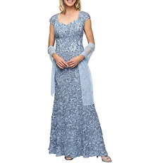 Alex Evenings Petite Size Sweetheart Neck Lace Shawl Soutache Long Gown