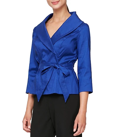 Alex Evenings Petite Size Taffeta Tie Waist Shawl Collar 3/4 Sleeve Top