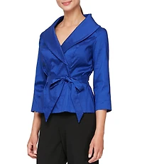 Alex Evenings Petite Size Taffeta Tie Waist Shawl Collar 3/4 Sleeve Top